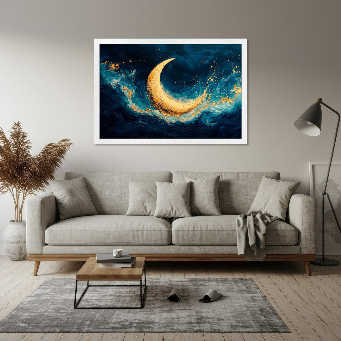 Framed Poster featuring a golden crescent moon against a dark teal and gold abstract art style. Modern home decor.