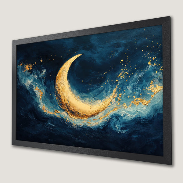 Framed Poster featuring a golden moon over a dark blue abstract ocean, artistic style, with gold accents.