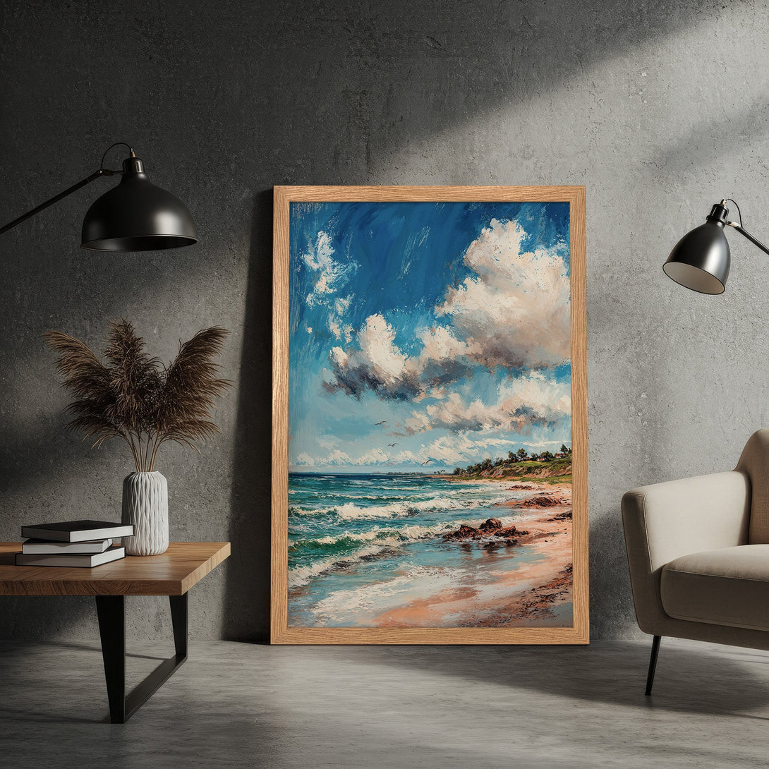 Framed Poster featuring a vibrant beach scene with ocean waves and clouds in a blue and white color palette. Perfect wall art!