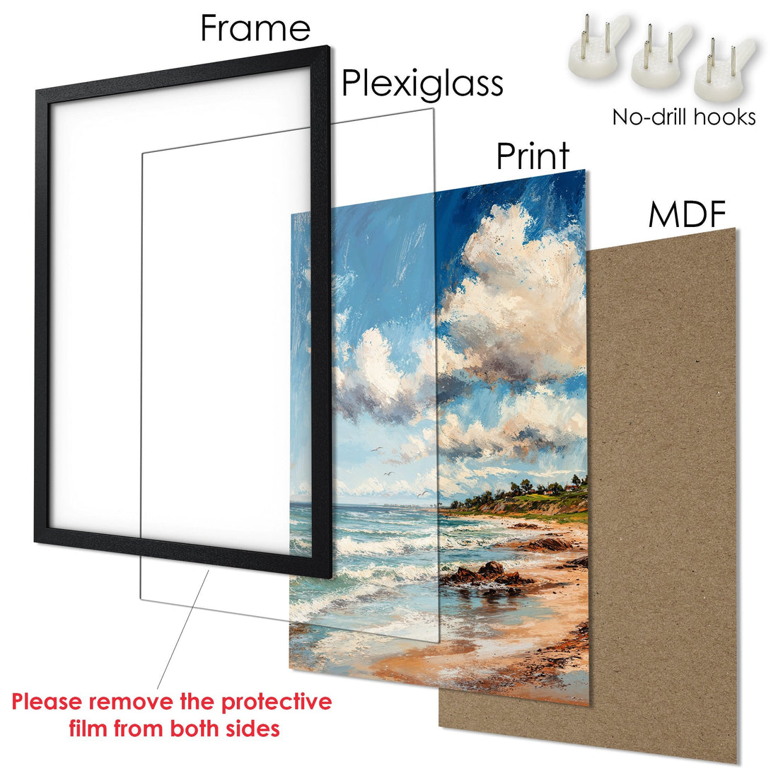 Framed Poster: Coastal art print in blue and beige tones. Perfect beach decor. Ready to hang art.