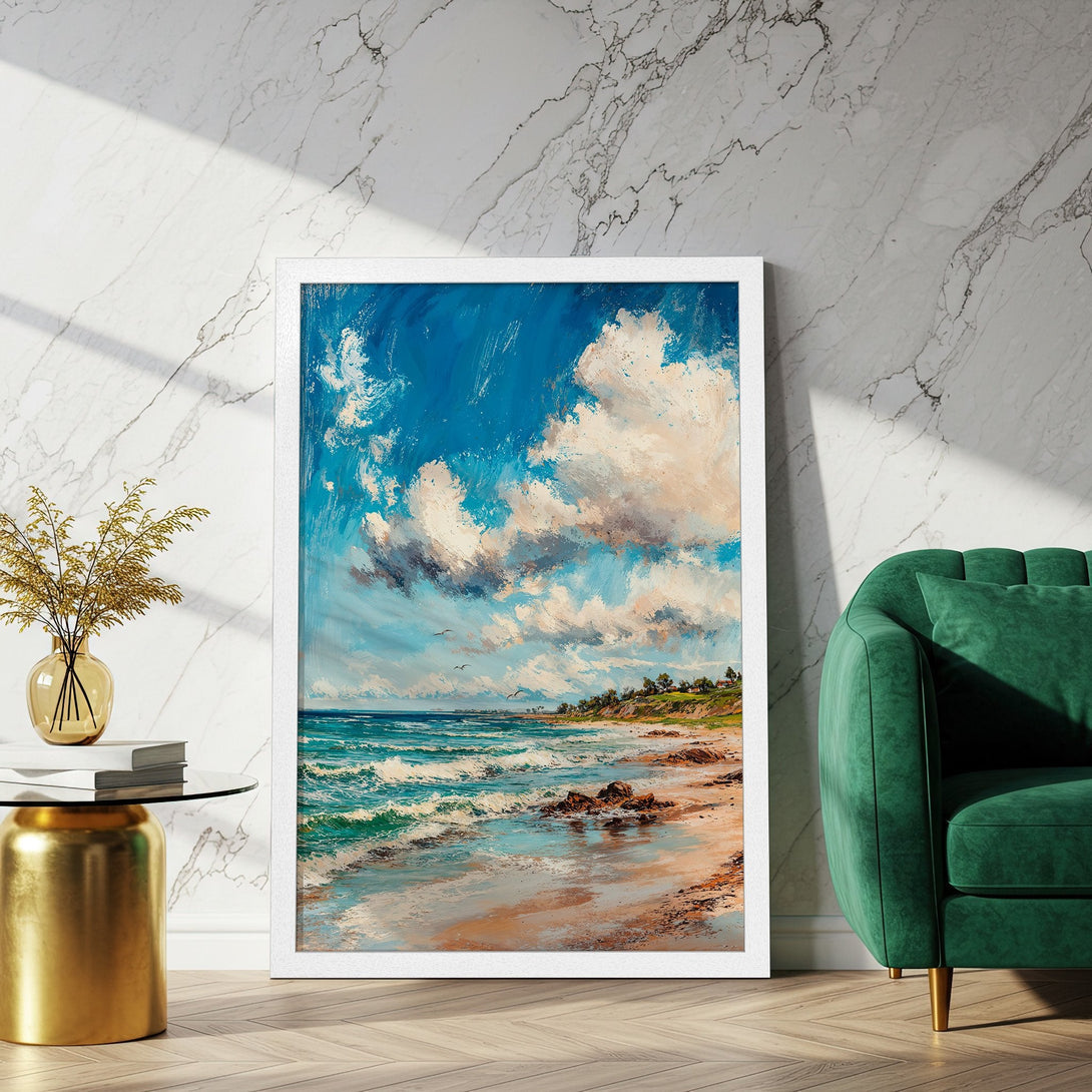 Framed Poster featuring a serene seascape painting in blue, white, and beige tones. Perfect wall art for a calming space.
