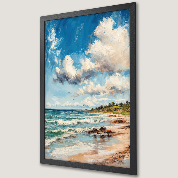Framed Poster of a vibrant seascape painting with blue, white, and beige tones. Coastal art print perfect for any room.