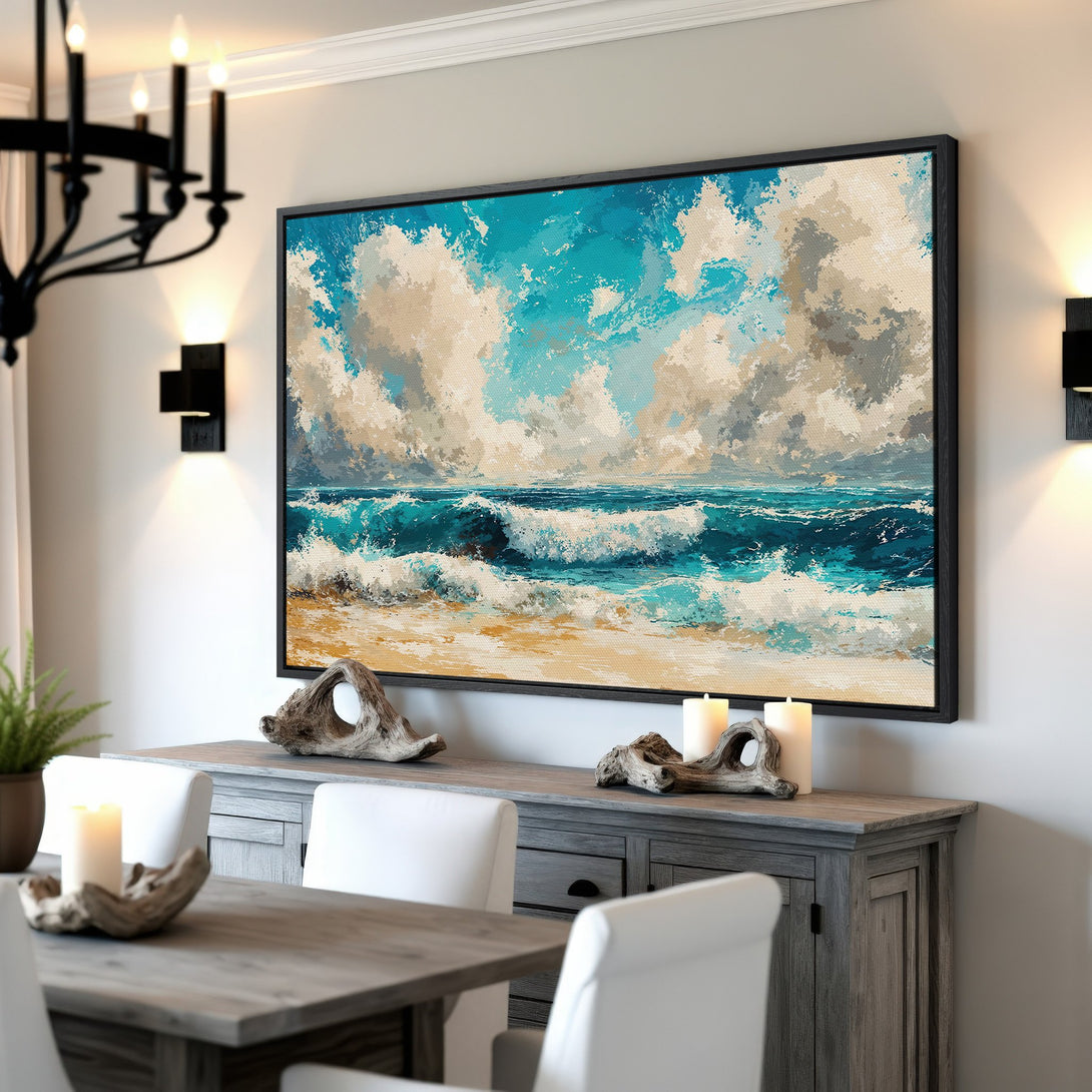 Framed Wall Art: Coastal seascape canvas print in blue, teal, and beige. Perfect for adding a touch of serenity and style to your home decor.
