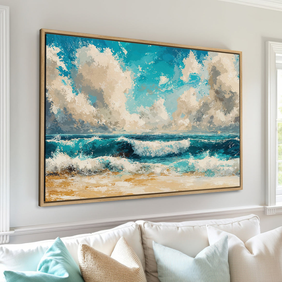 Framed Wall Art: Coastal seascape painting in blue, turquoise, and beige tones. Abstract style Canvas Print adds a serene touch to any space.