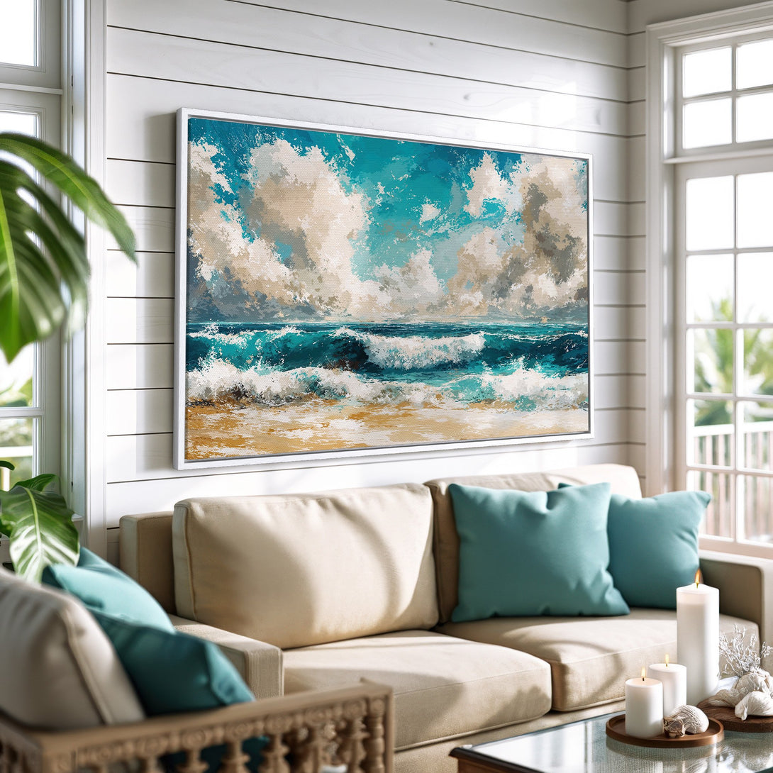 Framed Wall Art: Ocean waves painting in a coastal style, featuring teal, blue, and beige hues. Perfect for adding a touch of serenity to your home decor.