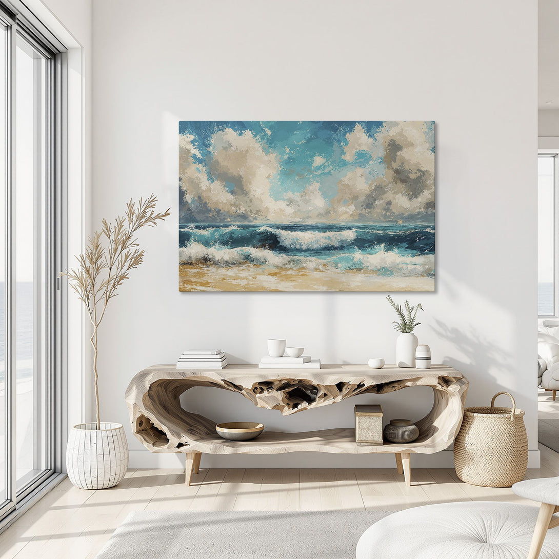 Framed Wall Art: Coastal scene Canvas Print with ocean waves in blue, beige, and gray tones. Perfect for adding a touch of serenity to your home decor.