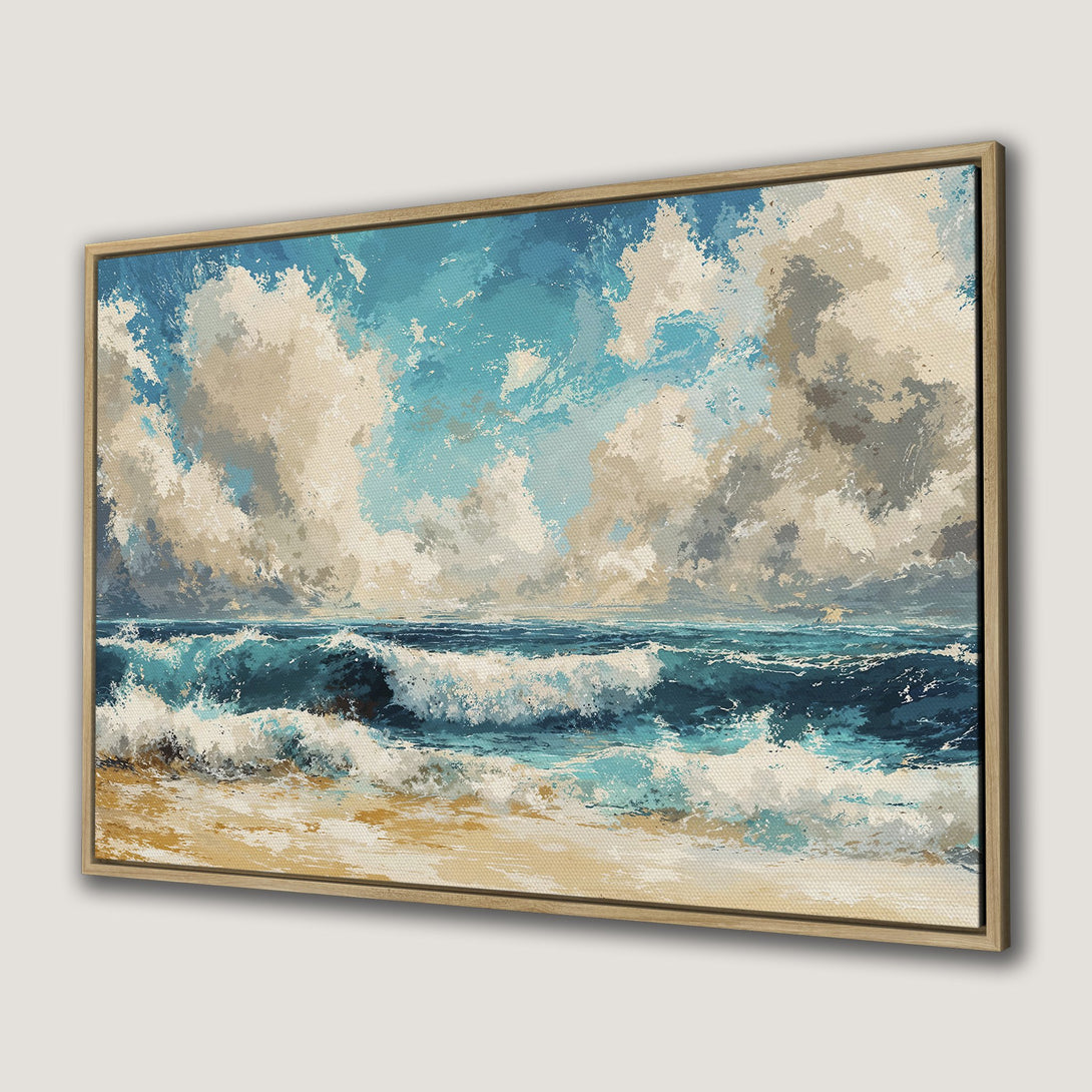 Framed Wall Art: Ocean waves canvas print in blue, teal, and beige. Coastal art for a calming, serene atmosphere. Add a touch of nature to your home!