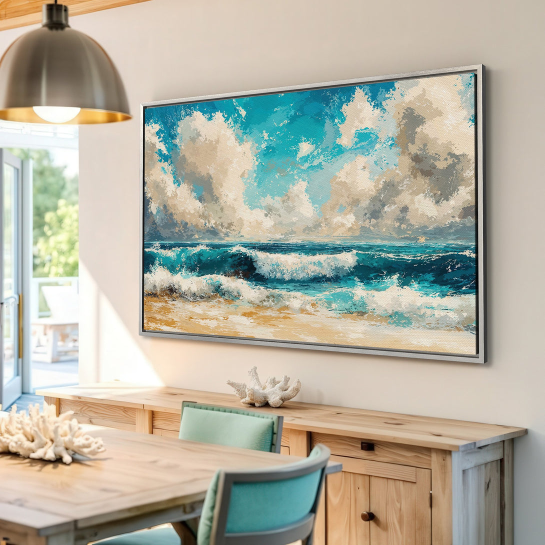 Framed Wall Art featuring a seascape painting with turquoise and beige hues, perfect for coastal decor. Bring the ocean's serenity into your home!