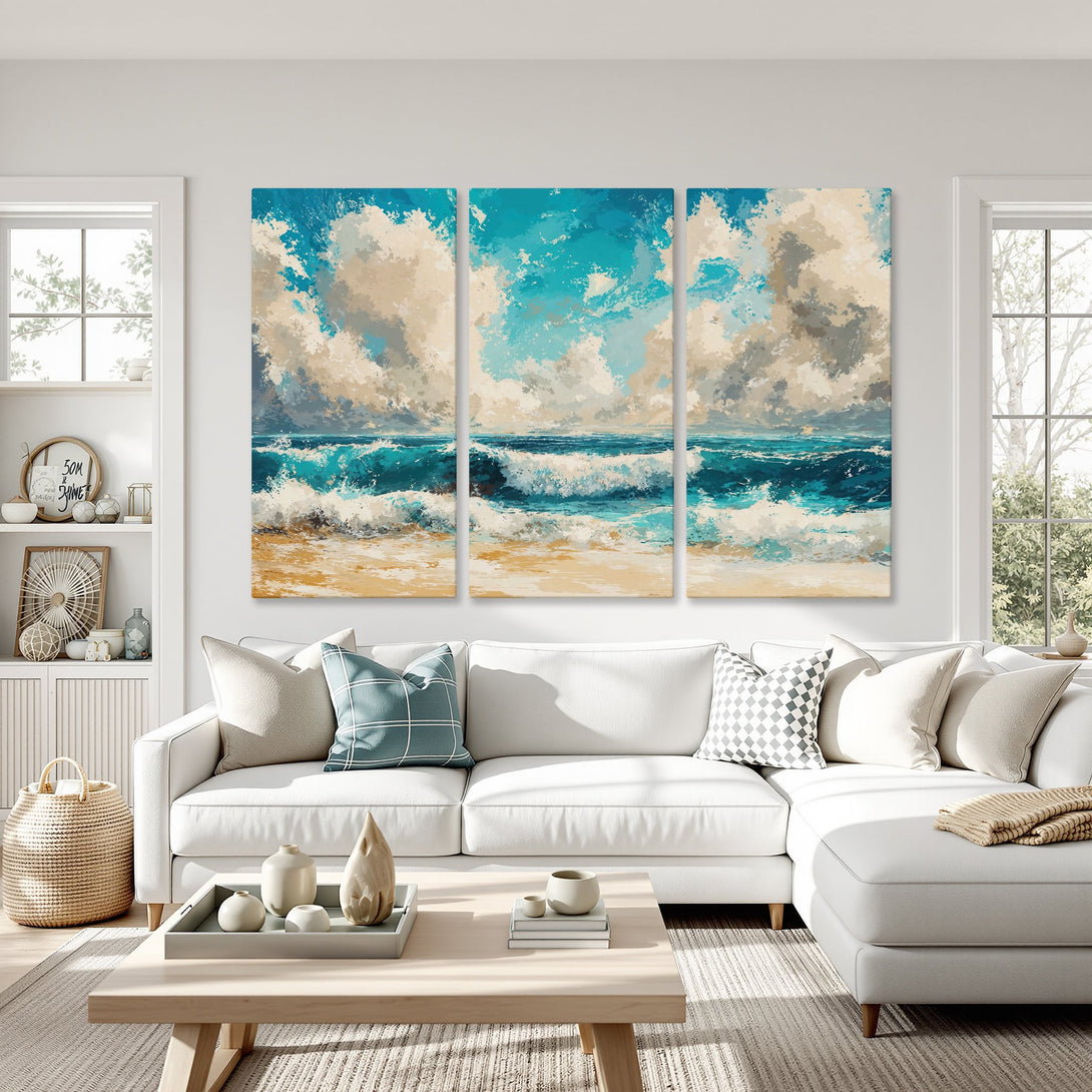 Canvas Print of ocean waves in a modern, abstract style. Blue, beige, and gray color palette. Perfect for coastal decor.