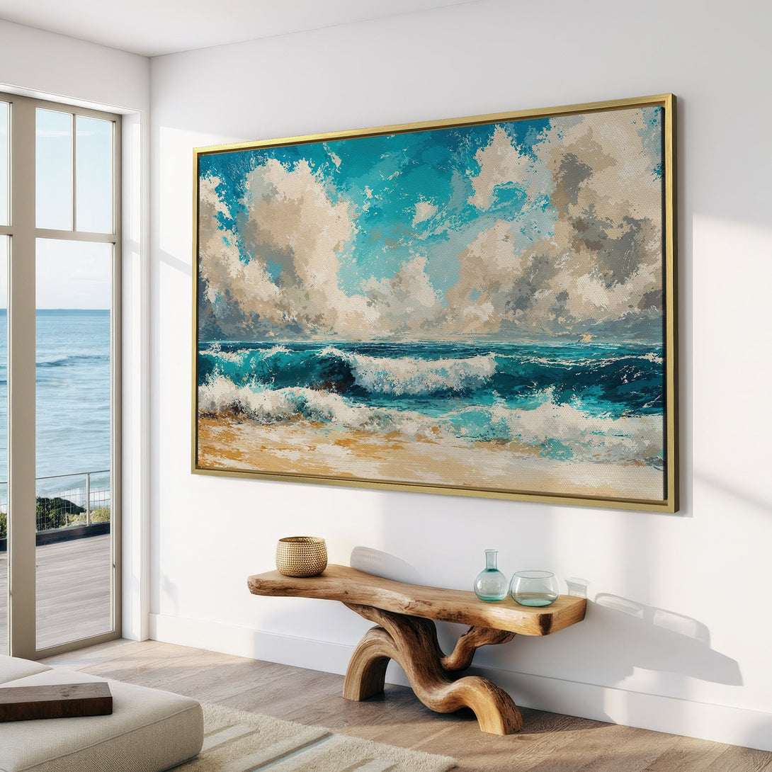 Canvas Print of a seascape painting in a modern interior. Features ocean waves with a blue, white, and beige color palette.