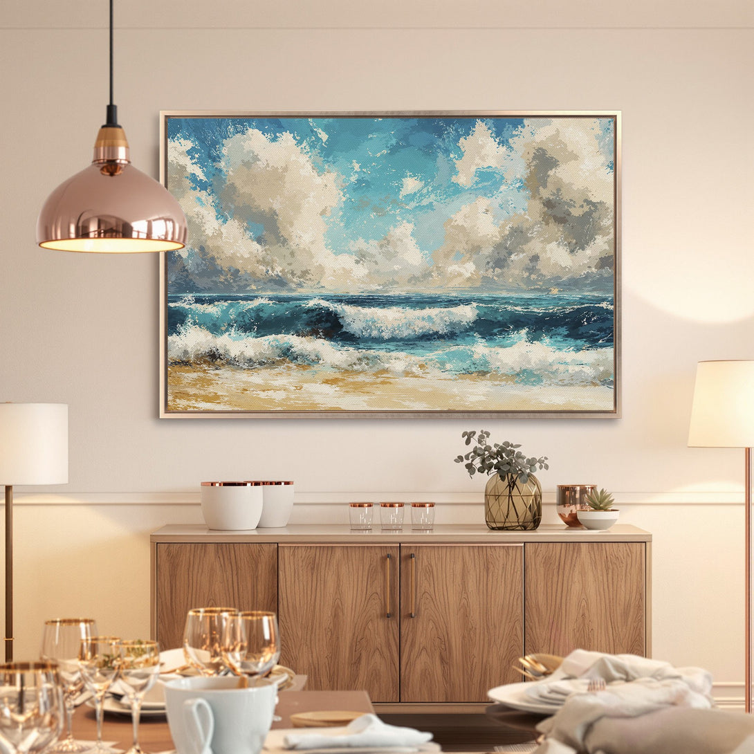 Framed Wall Art: Ocean waves painting in blue, beige, and grey. Coastal art for a serene home. Perfect for living rooms and bedrooms.