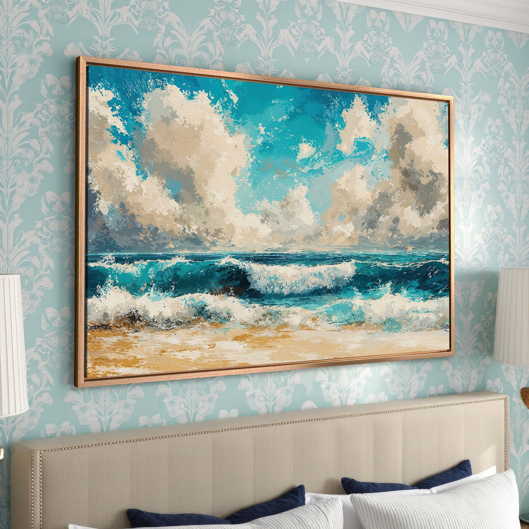 Framed Wall Art Canvas Print of ocean waves. Coastal art in blue, teal, and beige tones. Perfect for bedroom decor.