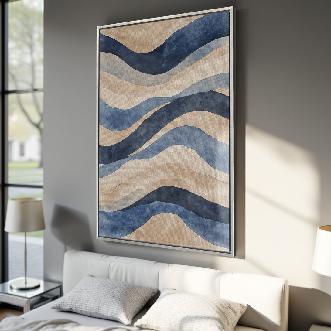 Framed Wall Art featuring abstract watercolor waves in blue and beige, a serene addition to any bedroom. Modern art canvas print.