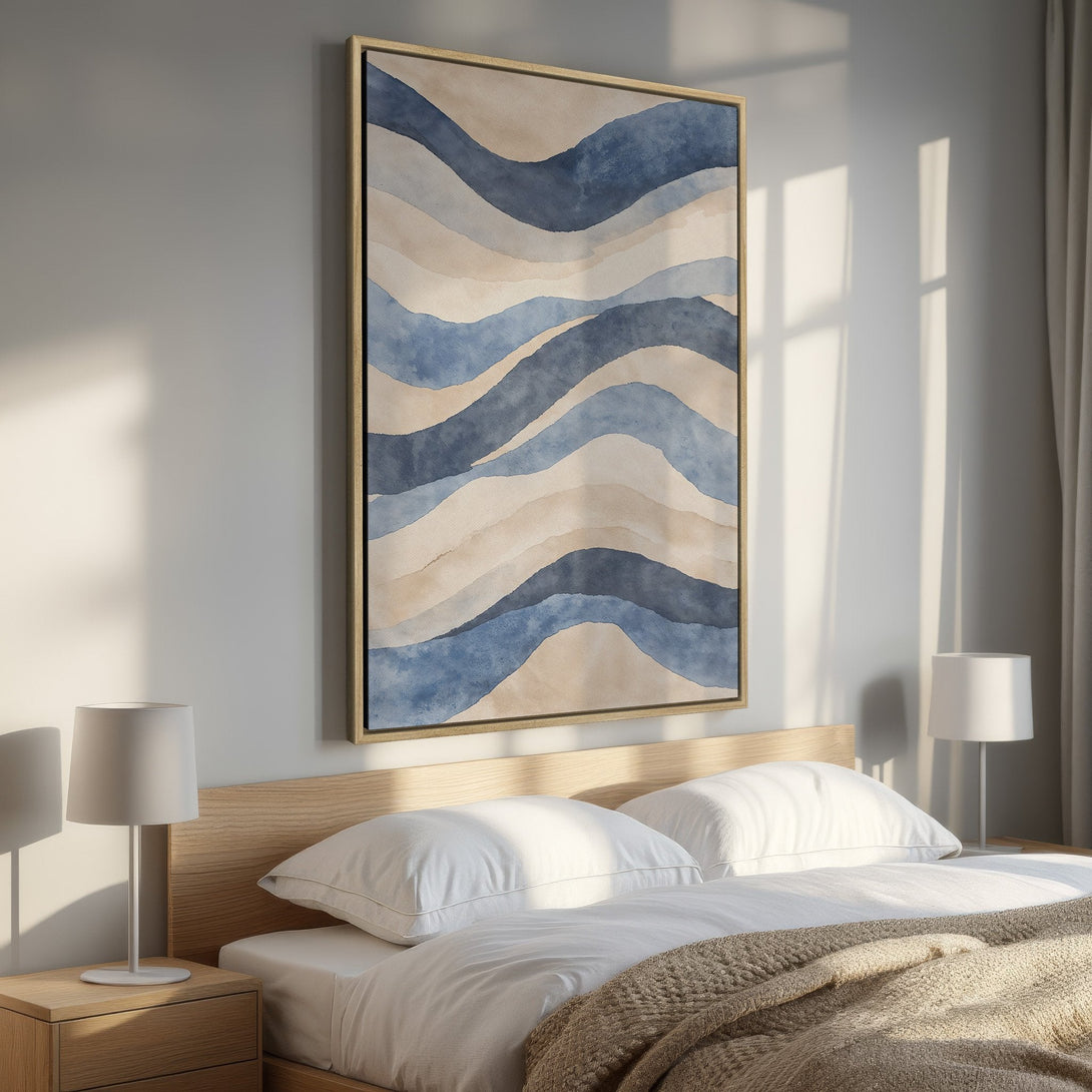 Framed Wall Art featuring an abstract watercolor design in blue and beige tones. Perfect for adding a touch of modern elegance to your bedroom decor.