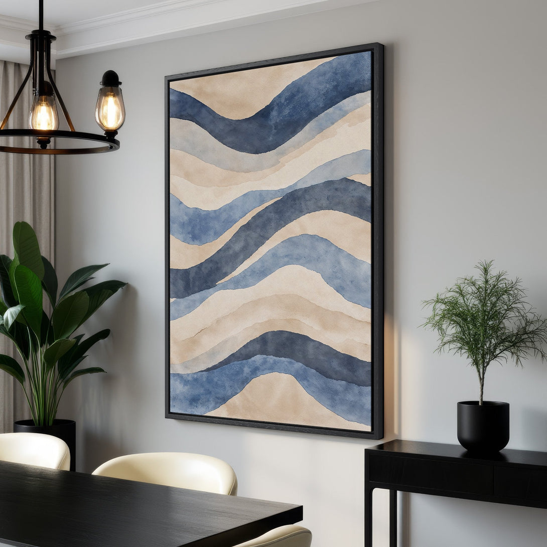 Framed Wall Art: Abstract watercolor canvas print in blue and beige tones. Modern art for your home decor. Shop now and elevate your space!