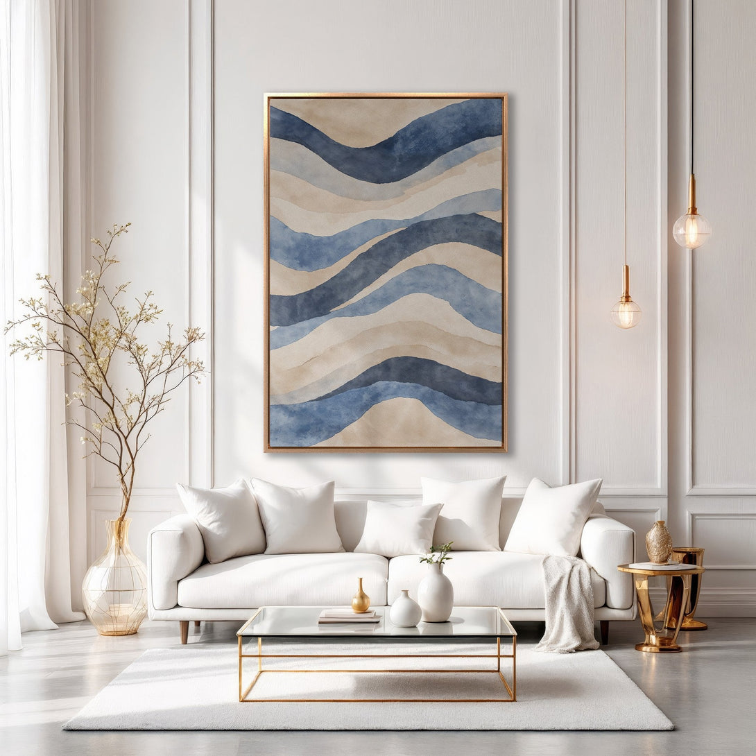 Framed Wall Art: Abstract watercolor waves in blue and beige, displayed in a modern living room. Adds a touch of elegance and serenity. Shop now!