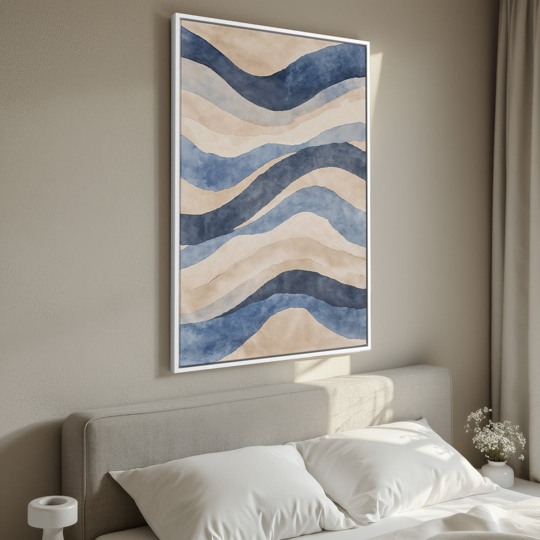 Framed Wall Art featuring watercolor abstract waves in blue and beige tones, perfect for adding a touch of serene style to any bedroom.