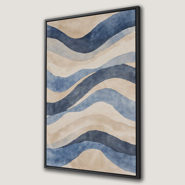 Framed Wall Art featuring a watercolor abstract landscape in blue and beige tones. Modern art for your home decor.