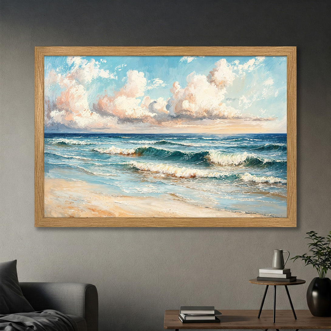 Framed Poster of a serene beach scene, painted in an impressionistic style with a calming blue and beige color palette.