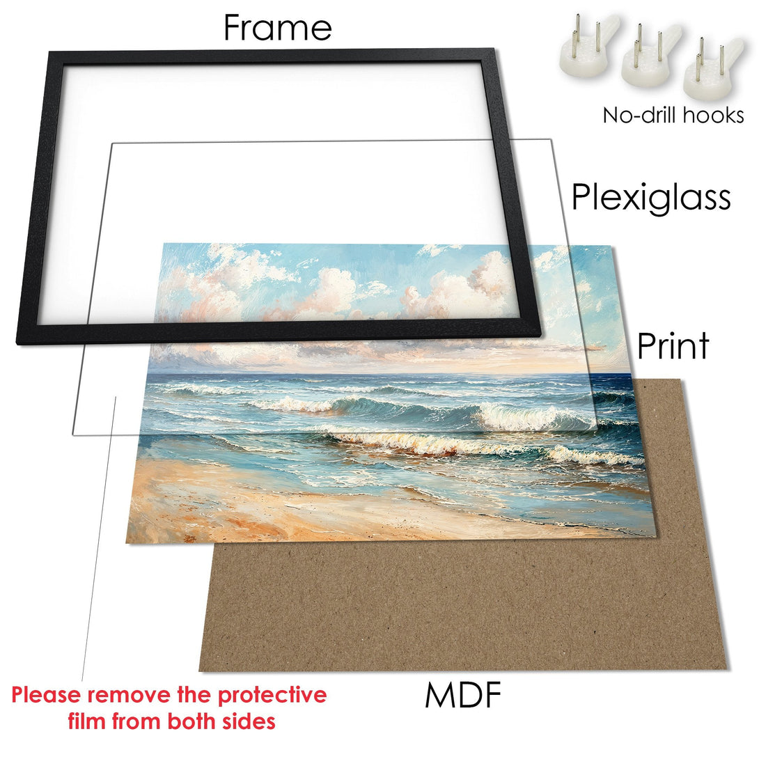 Framed Poster of a serene ocean scene in a painterly style with blue, beige, and white hues. Perfect coastal decor!