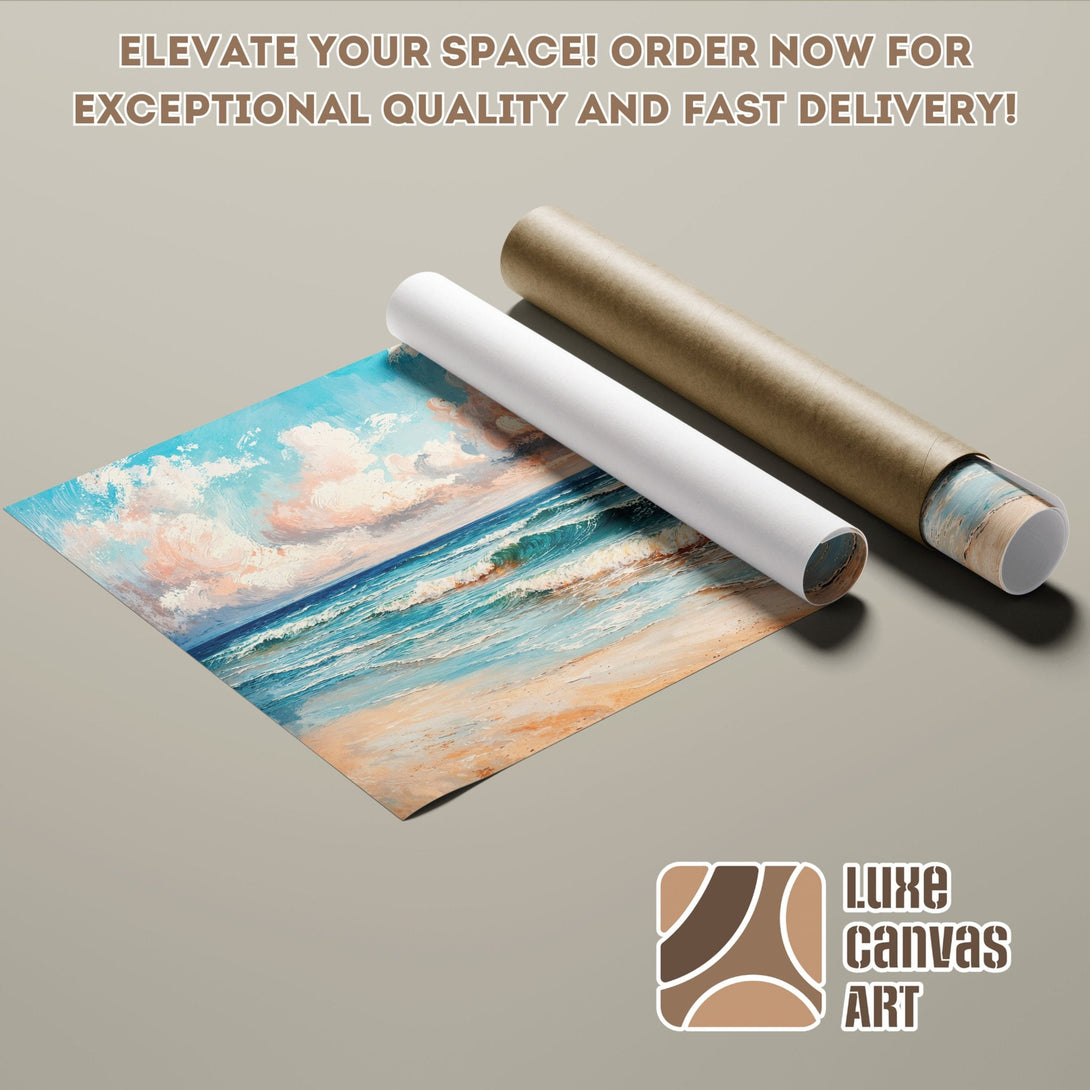 Ocean view Poster Roll in impressionistic style, featuring blue, turquoise, and peach hues. Elevate your space!