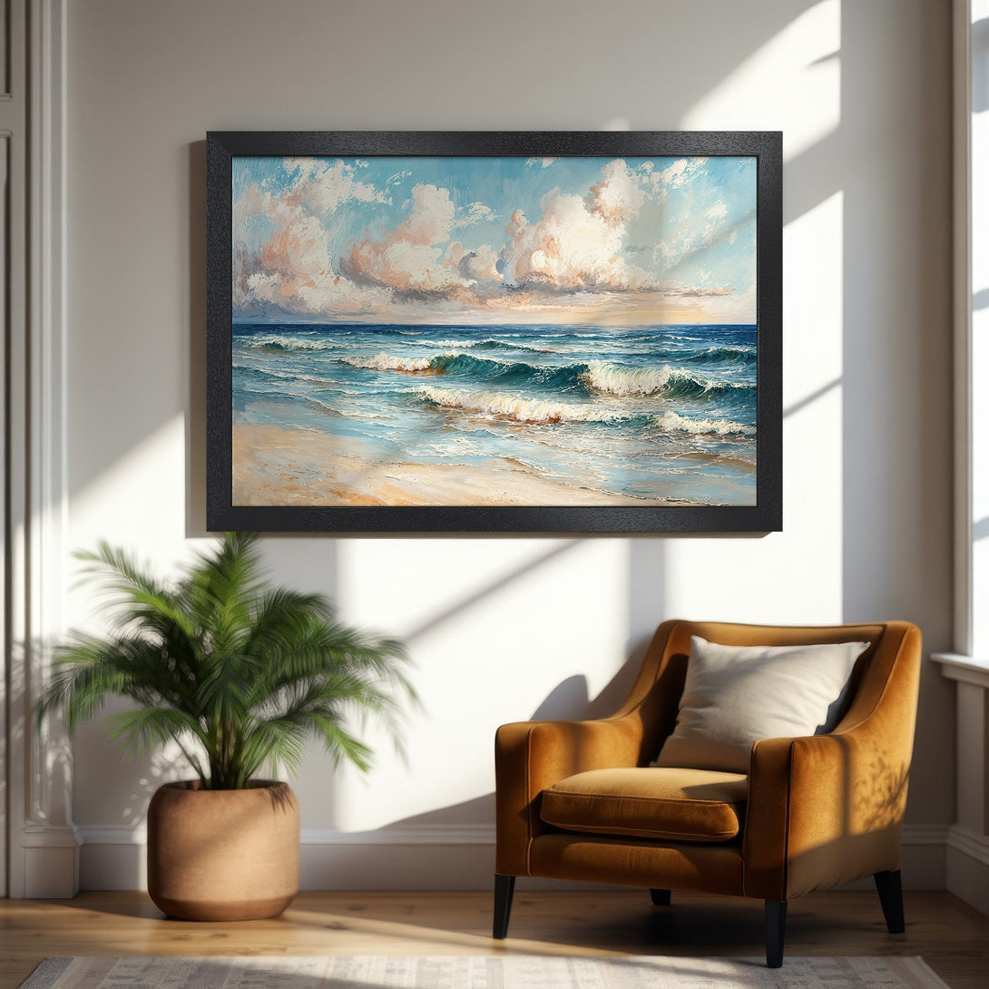 Framed Poster: Ocean waves art print in impressionist style with blue, white, and peach tones. Perfect wall decor for a calming atmosphere.