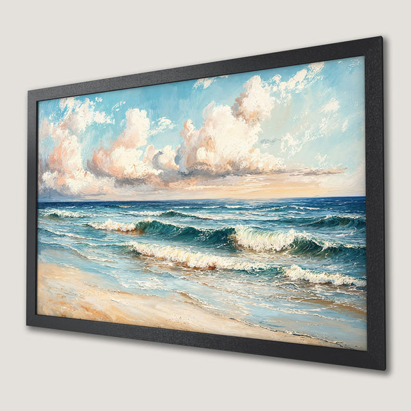 Framed Poster of a serene beach scene, painted in an impressionistic style with a calming blue and beige color palette. Bring the ocean home!