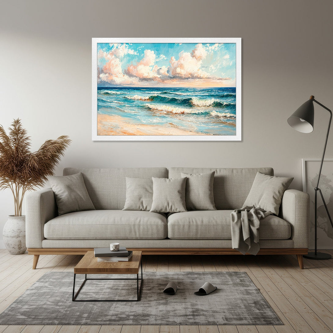 Framed Poster of ocean waves in impressionist style, featuring blue, turquoise, and peach hues. Perfect for coastal decor.