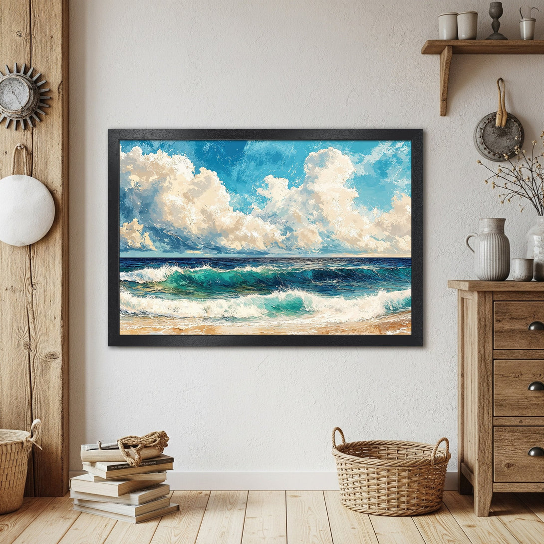 Framed Poster of ocean waves art. Blue, turquoise, and beige color palette. Perfect coastal home decor.