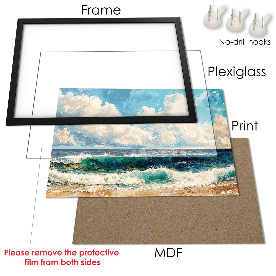 Framed Poster of a seascape with blue, green, and tan hues. Artistic style, perfect for coastal decor.