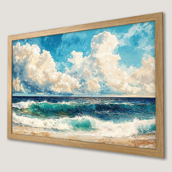 Framed Poster of a serene ocean scene with blue, turquoise, and beige colors. Artistic style, perfect for coastal decor. Bring the beach home!