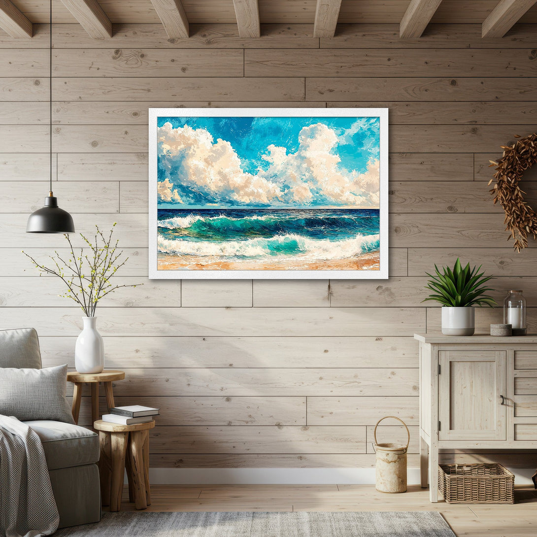 Framed Poster of ocean waves and clouds in a vibrant blue and white color palette, perfect for coastal decor. Add a touch of serenity to your space!