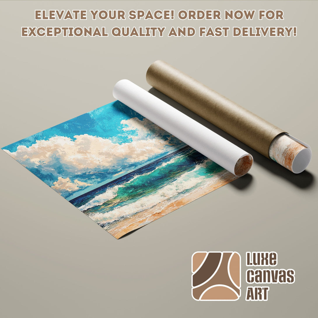 Ocean waves art poster roll, blue and teal palette. Elevate your space with our stunning poster!