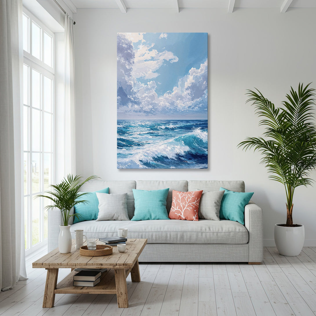 Framed Wall Art: Ocean waves canvas print in a coastal living room. Blue and white color palette evokes a serene, beachy vibe.