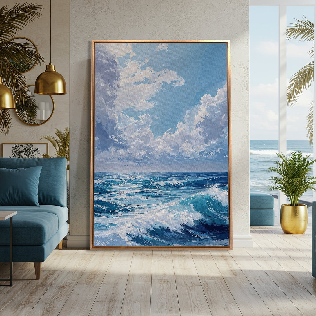 Framed Wall Art: Ocean waves painting in blue and white tones. Coastal style canvas print adds serene vibes to any interior. Shop now!