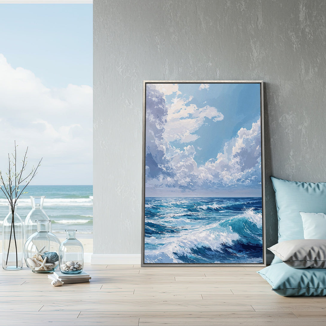 Framed Wall Art: Ocean waves painting in blue and white, displayed in a serene interior. Coastal decor with a calming, airy aesthetic.