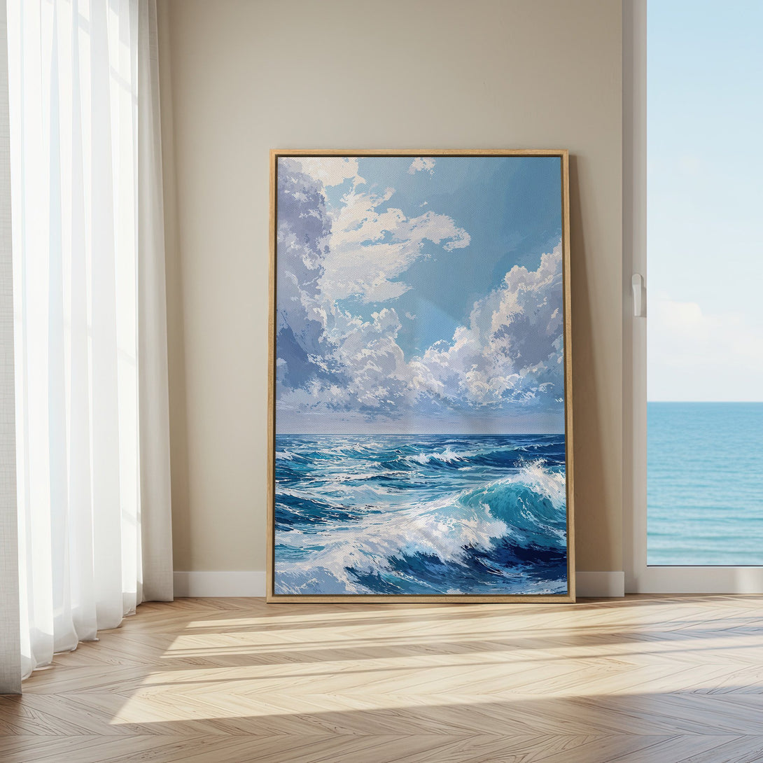 Framed Wall Art featuring a vibrant ocean scene. Coastal canvas print with blue and white hues, perfect for adding a serene touch to any space.
