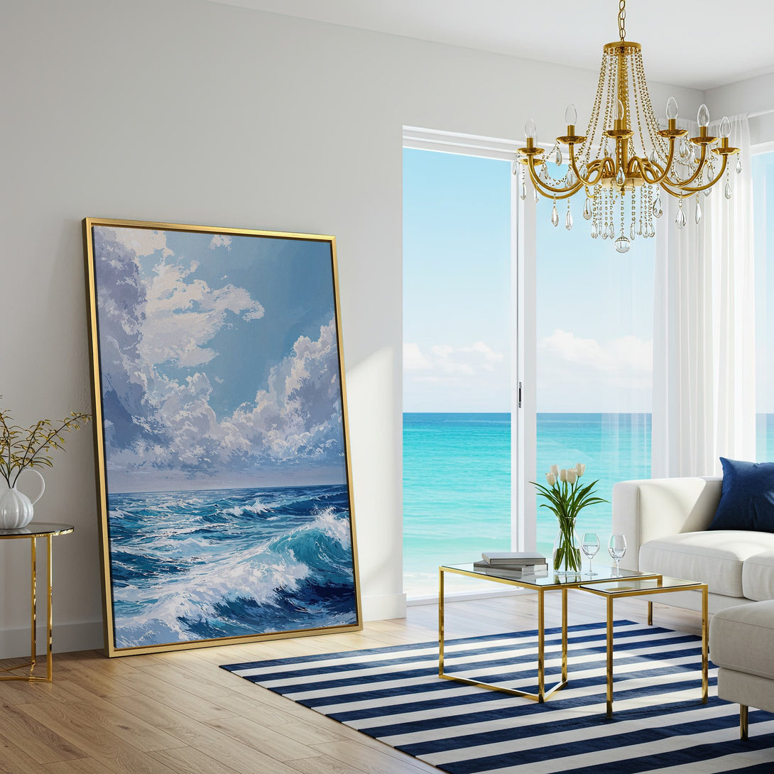 Canvas Print of ocean waves painting in a bright, airy interior. Blue and white color palette creates a calming, coastal vibe.