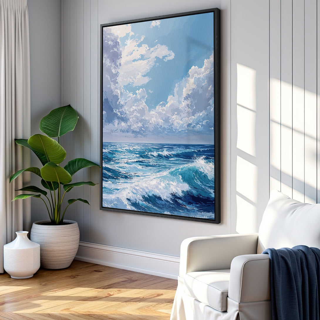 Framed Wall Art: Ocean waves painting in blue and white, coastal style. Perfect for living room decor. Bring the sea to your home with this canvas print.