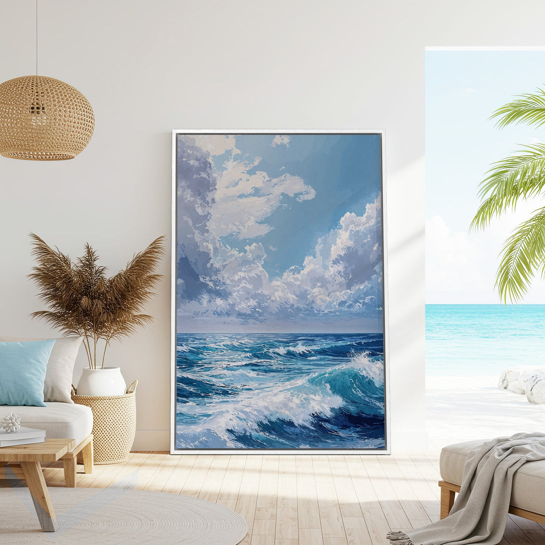 Framed Wall Art featuring a vibrant ocean scene in a blue and white color palette. Coastal artwork perfect for any home.