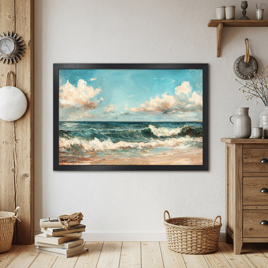 Framed Poster of ocean waves in impressionist style, featuring blue, white, and beige tones. Perfect coastal decor.