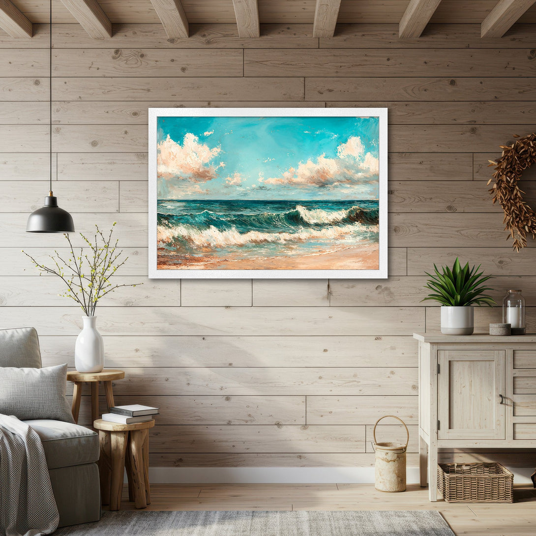 Framed Poster of ocean waves in a coastal style, featuring a blue, teal, and beige color palette. Bring the beach home!