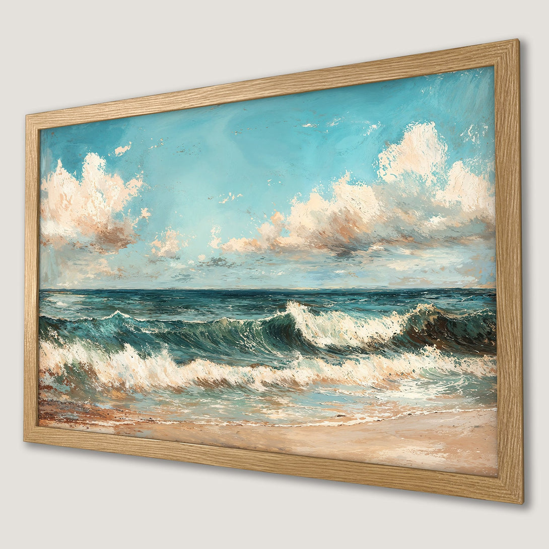 Framed Poster of ocean waves in a classic painting style with blue, beige, and white tones. Perfect coastal wall art.