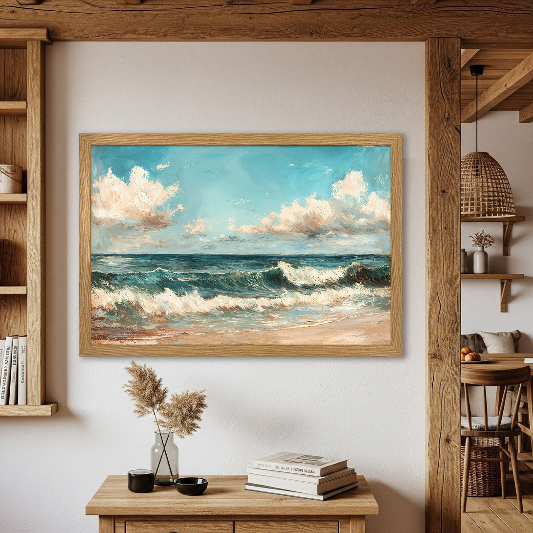 Framed Poster of a serene ocean scene, impressionist style with blue, white, and beige colors. Perfect wall art for your home!