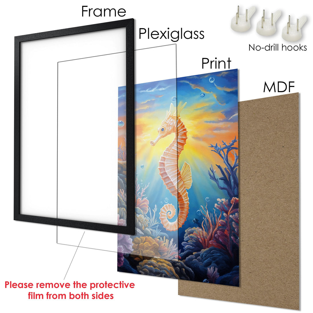 Framed Poster featuring a vibrant seahorse art print in a colorful underwater scene. Perfect wall decor!