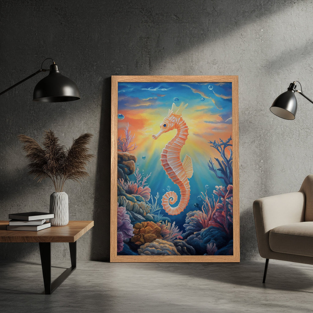Framed Poster featuring a vibrant seahorse underwater scene. Artistic style with a warm, colorful palette of blues, oranges, and corals. Perfect wall art!