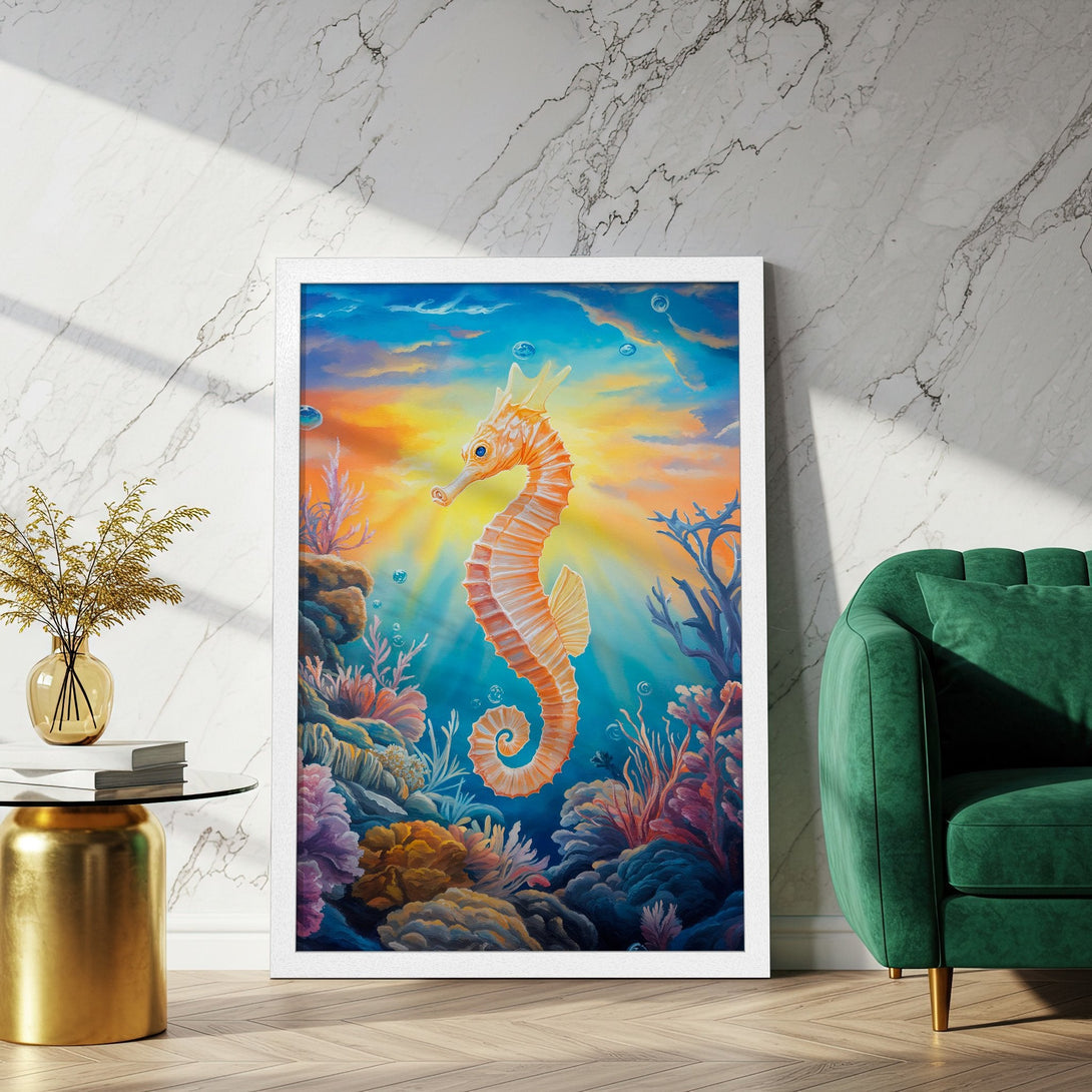 Framed Poster featuring a vibrant seahorse in an underwater scene. Artistic style with a warm, colorful palette of blues, oranges, and purples.
