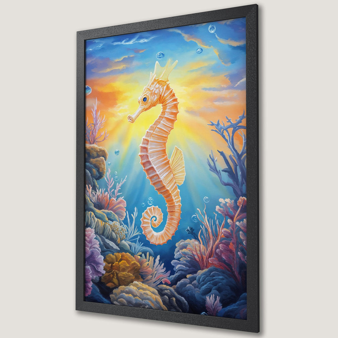 Framed Poster featuring a vibrant seahorse in an underwater scene. Painted style with a warm orange, blue, and coral color palette. Perfect ocean decor.