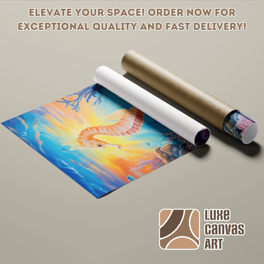 Seahorse Poster Roll in vibrant colors. Elevate your space with this beautiful ocean art poster!