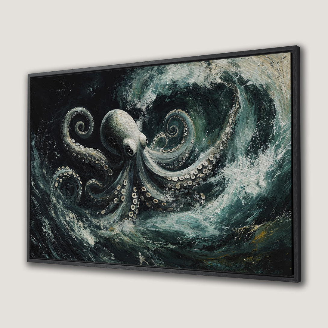 Framed Wall Art: Octopus painting in teal & white. Dramatic ocean waves in impressionist style. Add coastal vibes with this stunning canvas print.